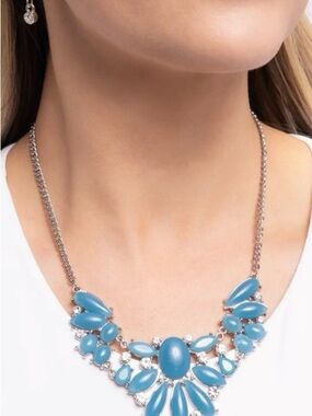 Stunning Aqua Blue Statement Bib Necklace with Clear Accent Rhinestones